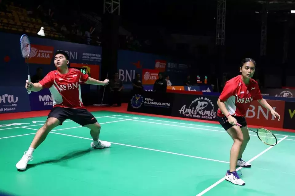  Ganda campuran Darren Aurelius/Bernadine Anindya Wardana saat tampil di BAJC 2024 di Yogyakarta.